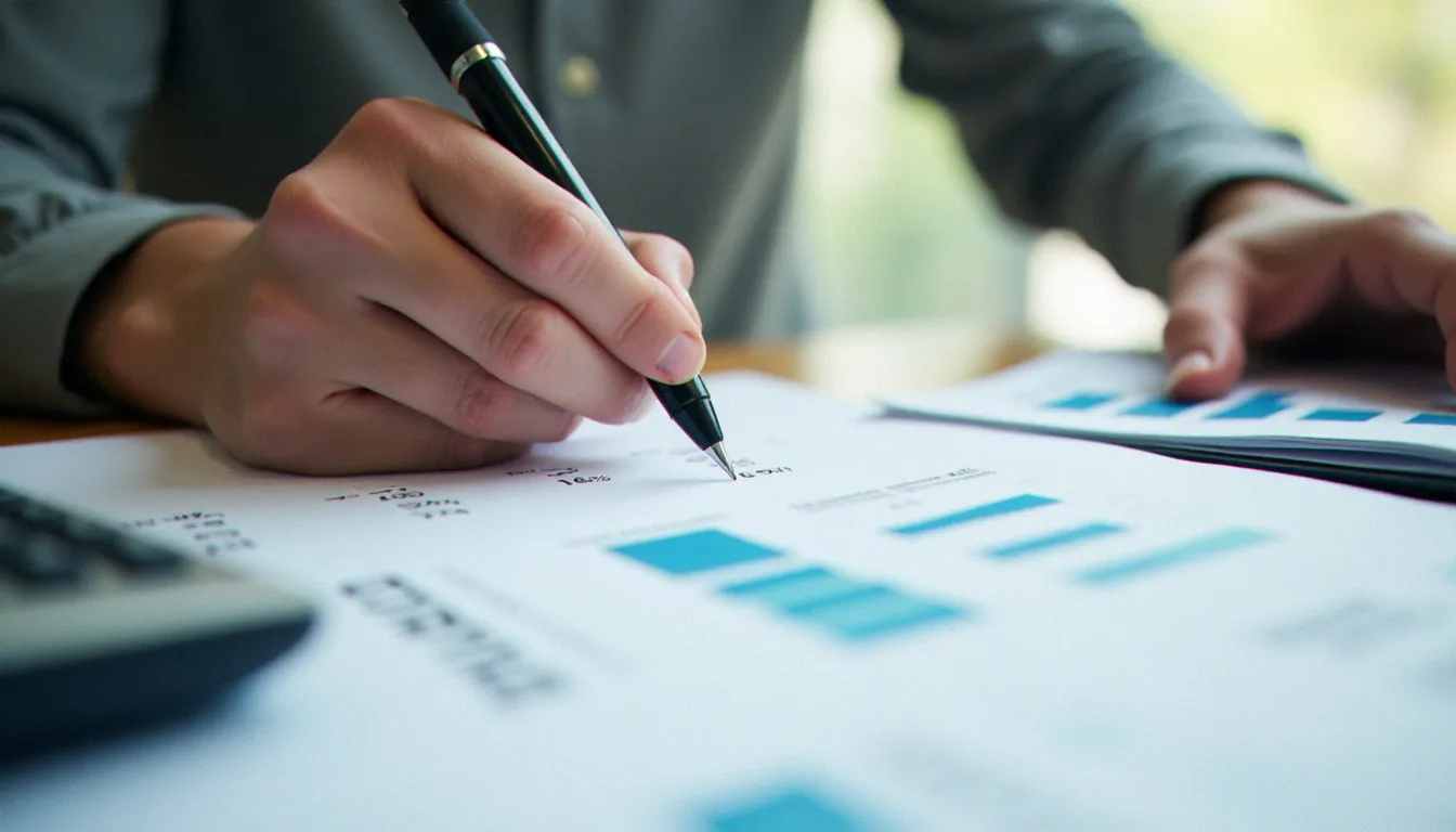 Analyste financière effectuant un calcul augmentation pourcentage à la main sur papier avec calculatrice