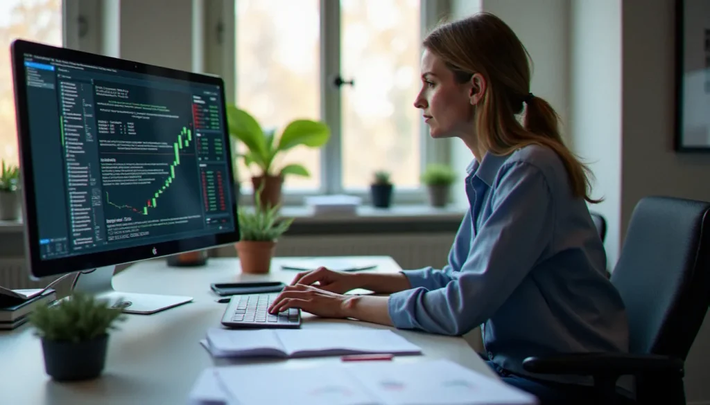 Analyste financière calculant une limite avec taux d'accroissement sur un écran d'ordinateur dans un bureau professionnel à Lyon