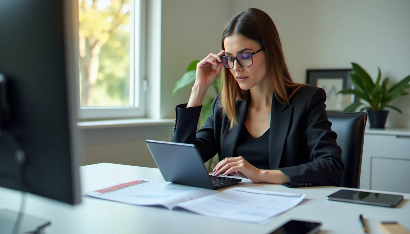 Professionnelle en finance utilisant une calculatrice pour effectuer des calculs de pourcentage sur des rapports financiers imprimés