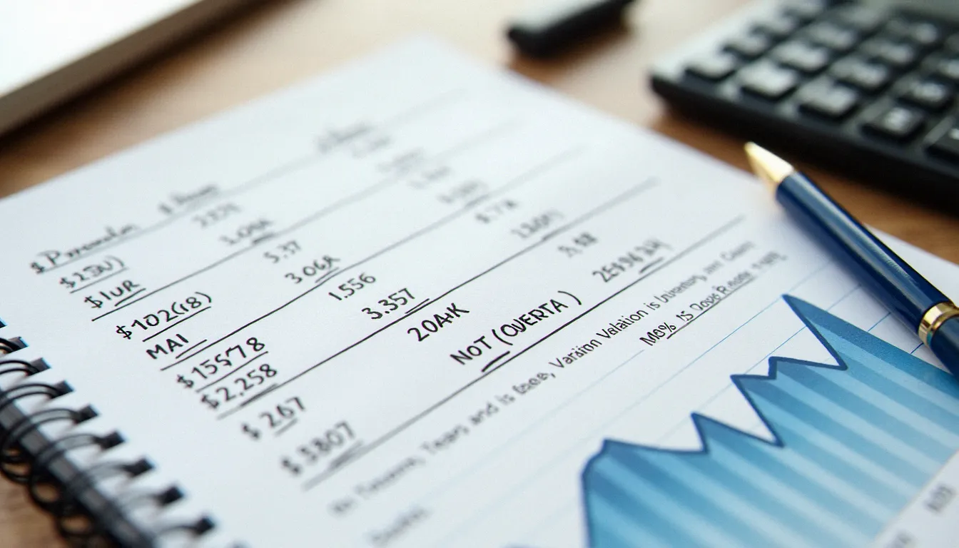Vue plongeante d'un espace de travail financier avec cahier de formules de pourcentage, calculatrice et graphique de variation