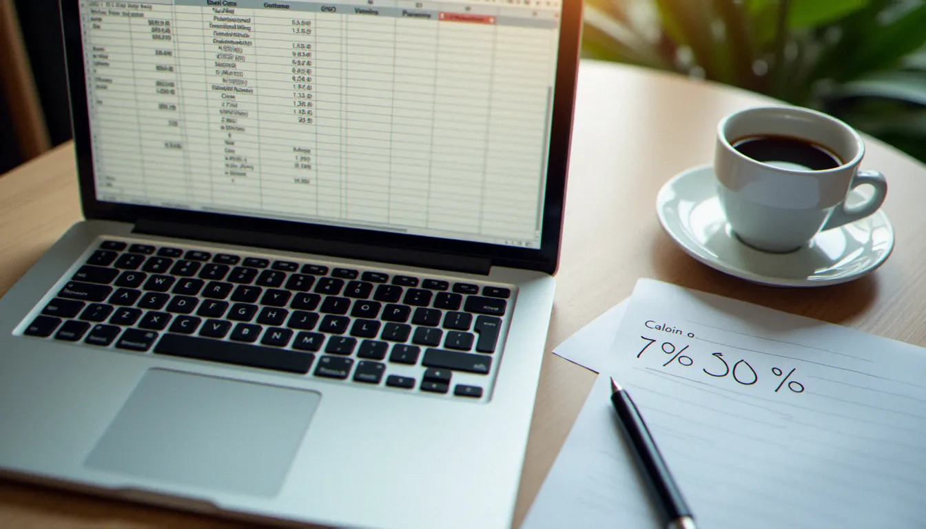 Vue en plongée d'un bureau avec une formule de calcul de pourcentage d'augmentation affichée sur un tableur