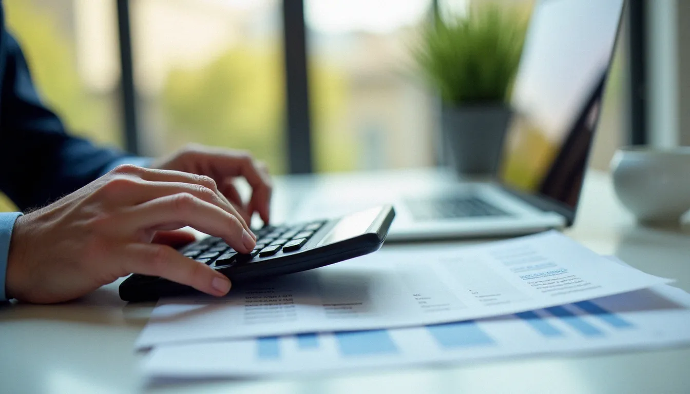 Analyste financière calculant un pourcentage d'augmentation de prix à l'aide d'une calculatrice et d'un tableau comparatif