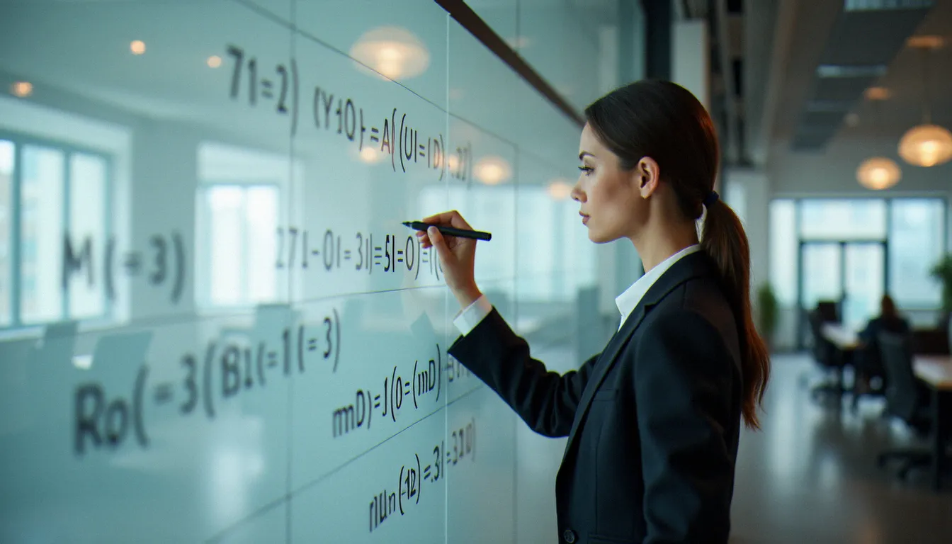 Femme professionnelle notant une formule mathématique sur un tableau en verre dans un bureau moderne pour illustrer le calcul de pourcentage d'évolution