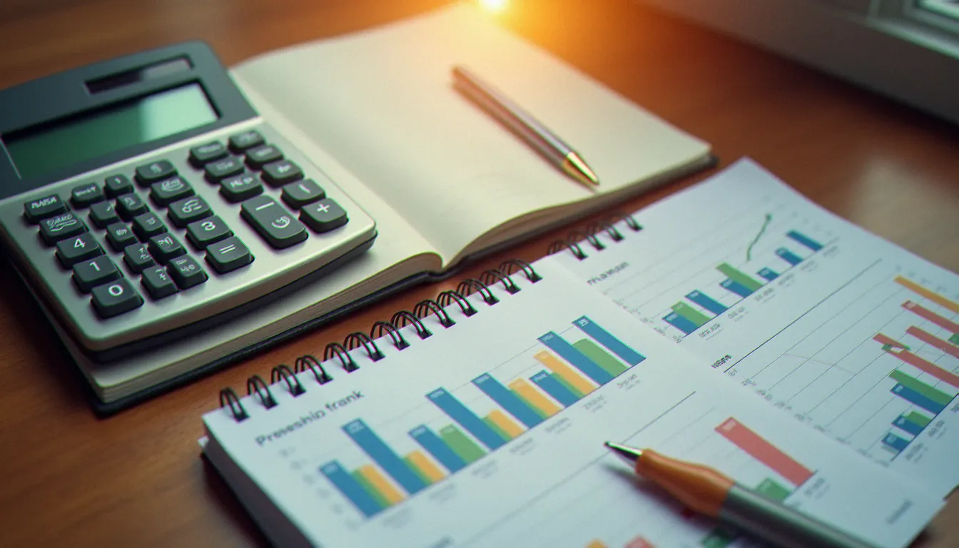 Vue de dessus d'un bureau avec calculatrice, cahier et graphiques financiers illustrant les cas particuliers du calcul de taux d'évolution