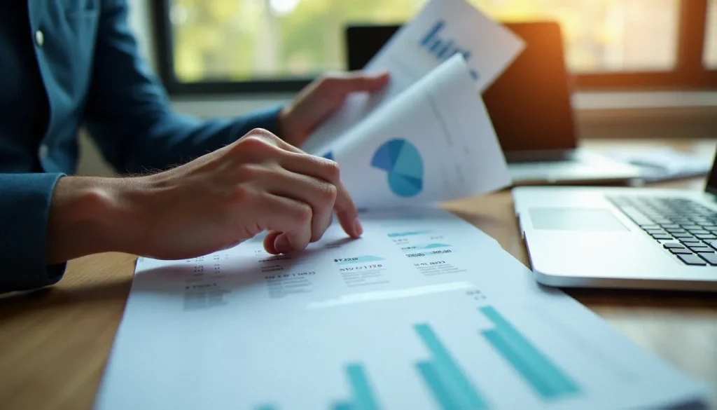 Une analyste financière calcule un pourcentage d'évolution sur des documents financiers imprimés posés sur un bureau en bois