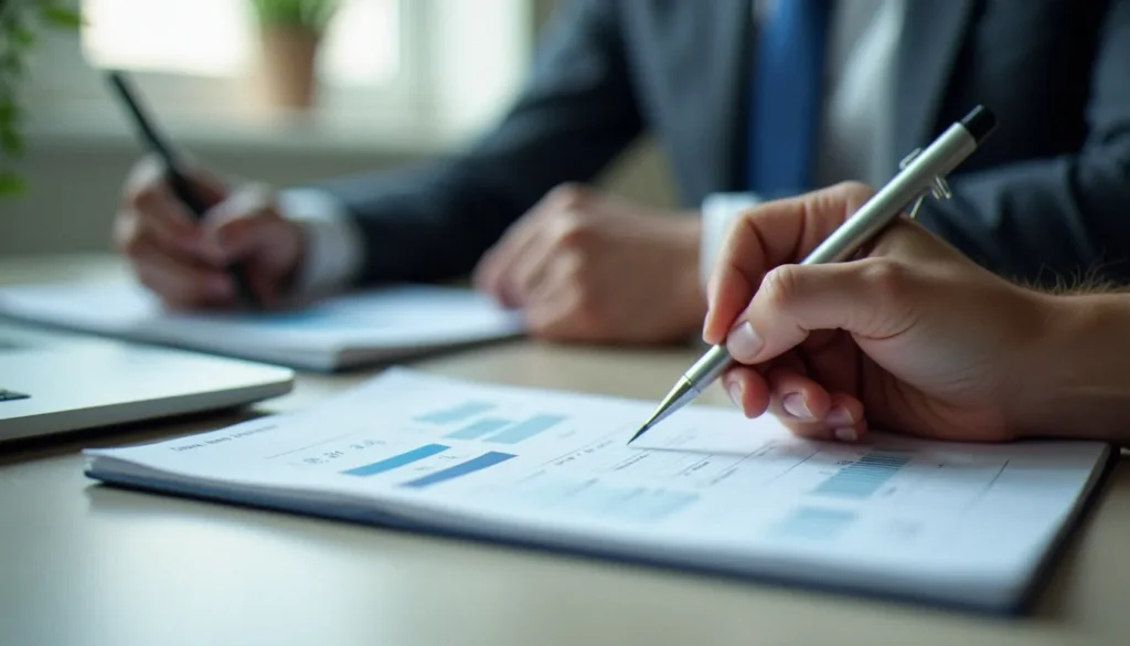 Analyste financière effectuant un calcul de pourcentage sur un bloc-notes avec un ordinateur affichant des données chiffrées