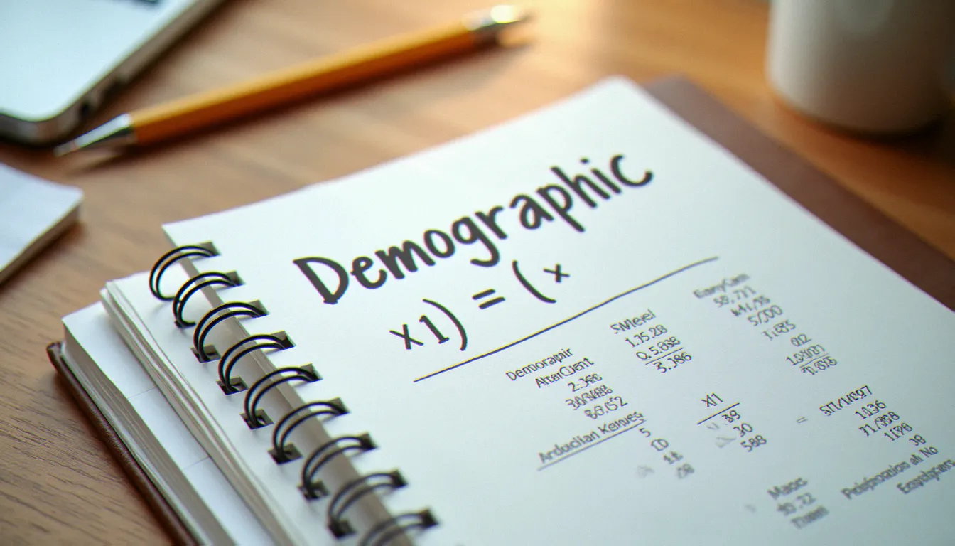 Cahier de calcul démographique ouvert sur un bureau en bois avec une formule manuscrite et des tableaux de statistiques