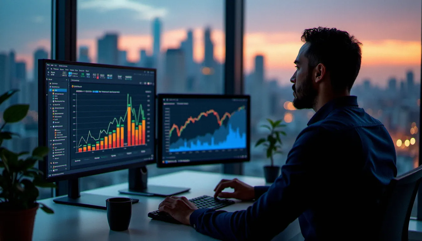 Analyste financière travaillant sur des projections démographiques et économiques devant deux écrans avec des graphiques d'évolution de population