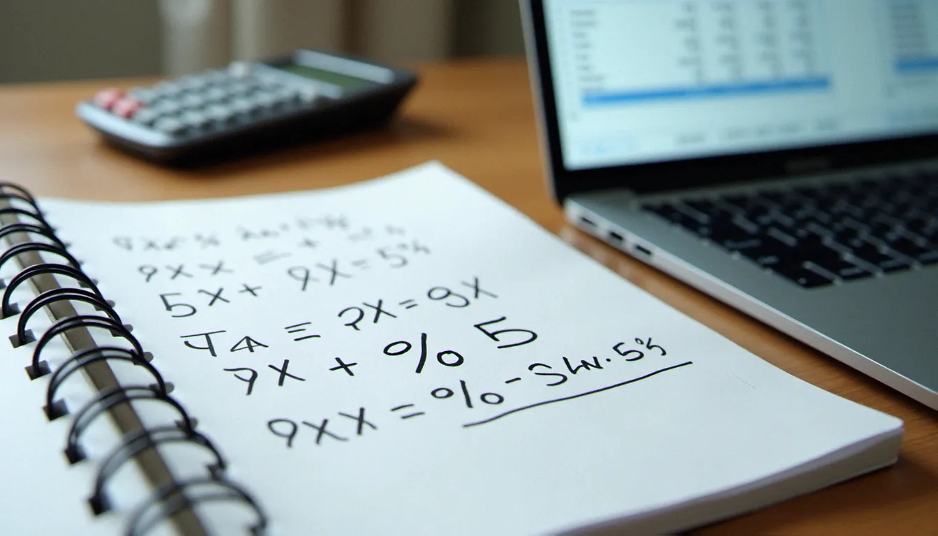 Calculatrice et cahier avec formules de calcul de taux d'accroissement posés sur un bureau avec un tableur affiché sur ordinateur portable
