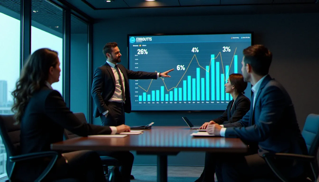 Réunion financière avec présentation de graphiques illustrant des taux d'accroissement et indicateurs de croissance sur écran mural