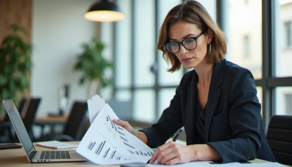 Analyste financière examinant des graphiques de calcul de taux d'accroissement sur des rapports imprimés dans un bureau moderne