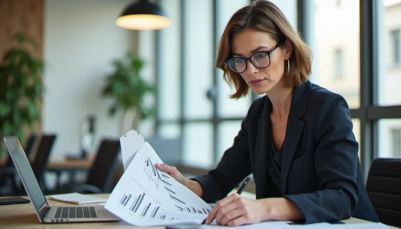 Analyste financière examinant des graphiques de calcul de taux d'accroissement sur des rapports imprimés dans un bureau moderne