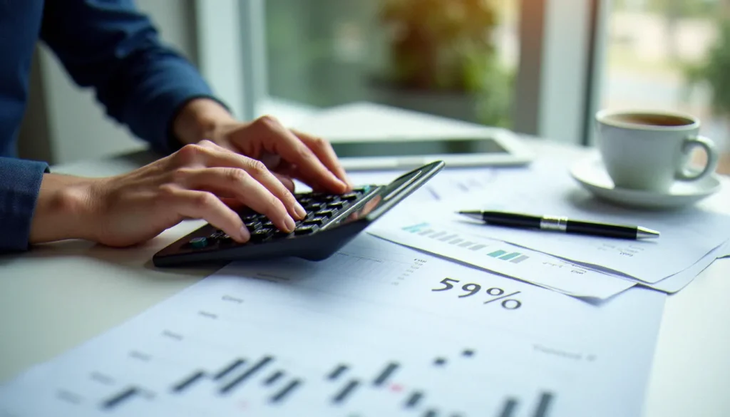 Analyste financière calculant un taux d'augmentation avec une calculatrice et des tableaux chiffrés sur un bureau professionnel