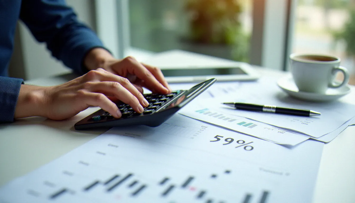 Analyste financière calculant un taux d'augmentation avec une calculatrice et des tableaux chiffrés sur un bureau professionnel