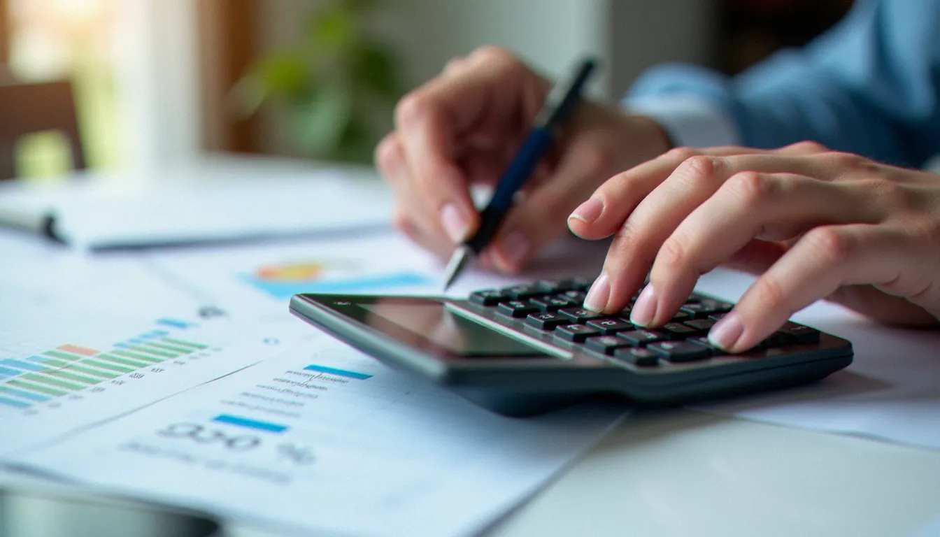 Analyste financière effectuant un calcul de taux d'évolution sur une calculatrice scientifique posée sur des tableaux de données financières