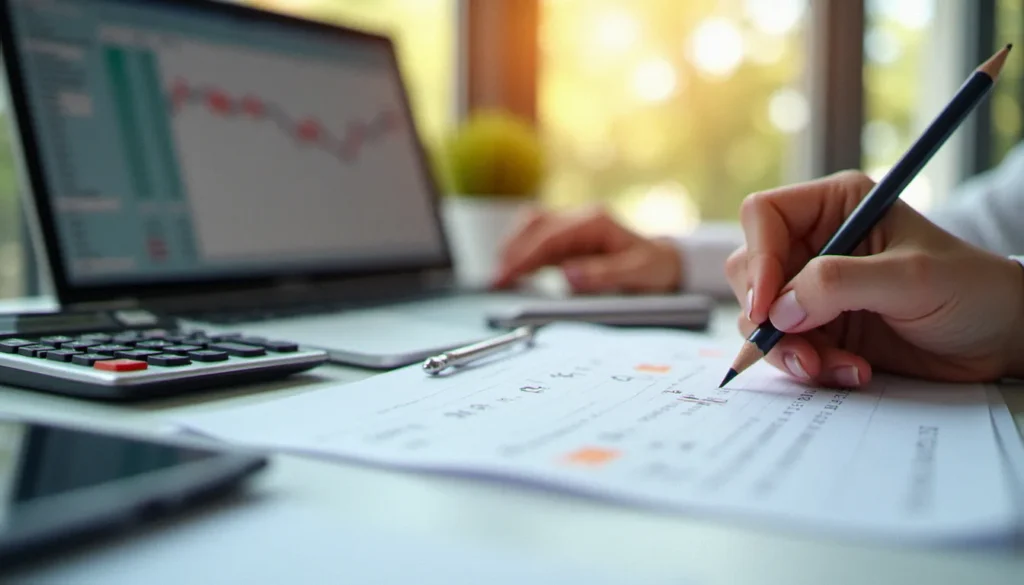 Analyste financière effectuant un calcul intérêt sur papier avec calculatrice et ordinateur portable sur un bureau professionnel