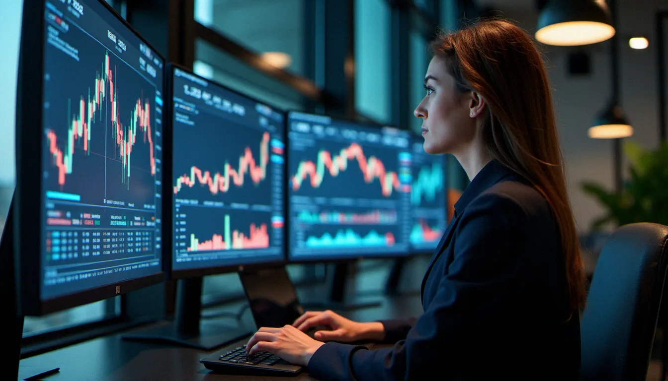 Analyste financière consultant des graphiques de progression en pourcentage sur écran dans un bureau moderne à Lyon