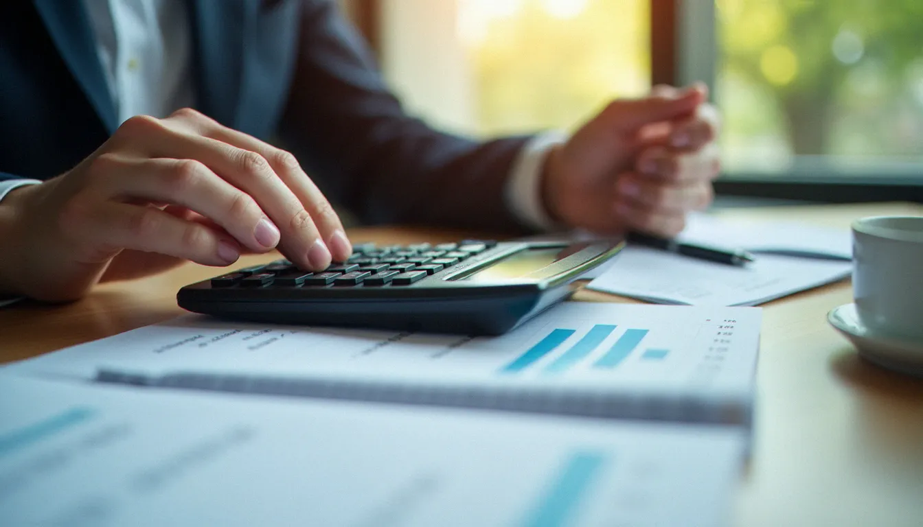 Analyste financière calculant un pourcentage d'augmentation sur calculatrice avec tableau de données chiffrées