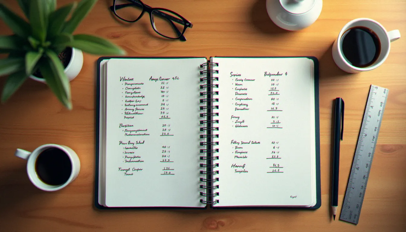 Vue de dessus d'un bureau avec un carnet ouvert présentant un tableau de calculs de pourcentages