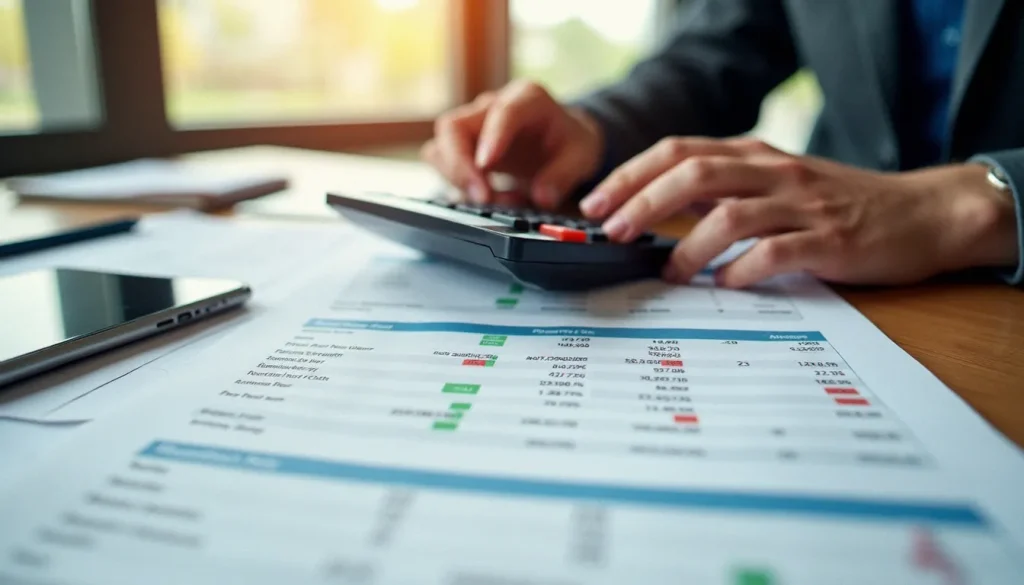 Analyste financière calculant un pourcentage d'évolution de prix sur une calculatrice avec tableau de données en arrière-plan