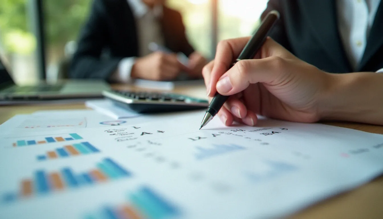 Mains d'une analyste financière effectuant un calcul pourcentage sur papier avec une calculatrice posée à côté