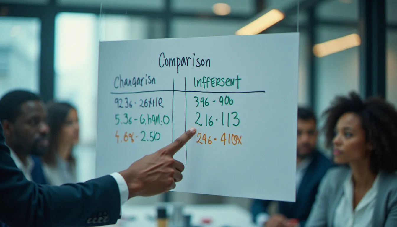 Présentation d'un tableau comparatif de valeurs d'arrivée et de départ lors d'une réunion d'analyse financière