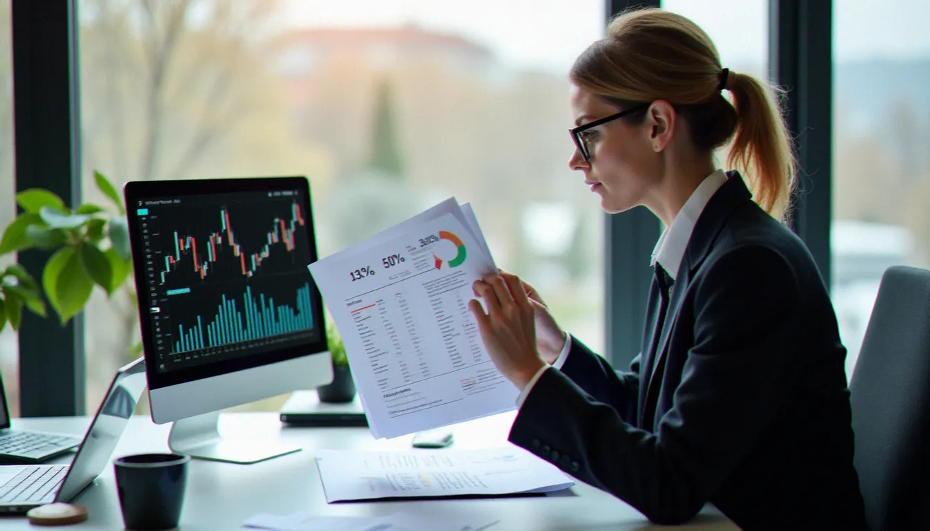 Analyste financière à Lyon consultant un rapport avec des taux d'évolution calculés à partir de valeurs d'arrivée et de départ