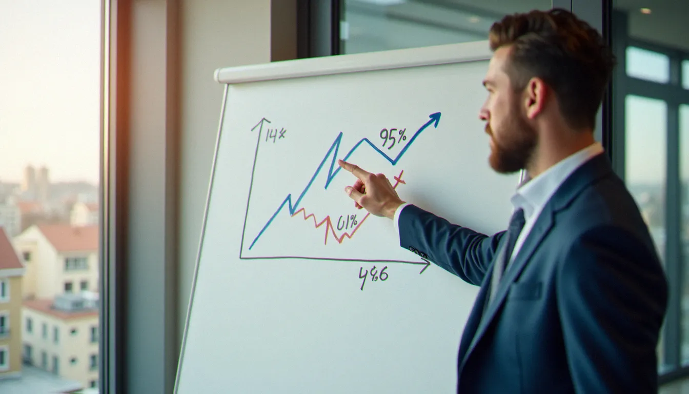 Professionnel expliquant la formule de calcul devant un tableau blanc avec des symboles de pourcentage et des flèches représentant des hausses et baisses
