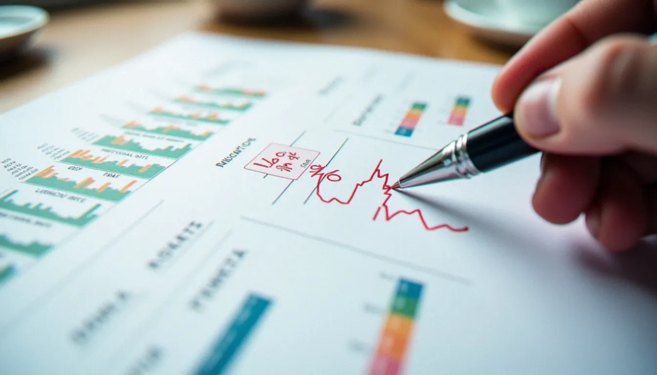 Vue aérienne d'un rapport financier montrant des courbes d'évolution positives et négatives, illustrant l'interprétation d'un taux d'évolution négatif