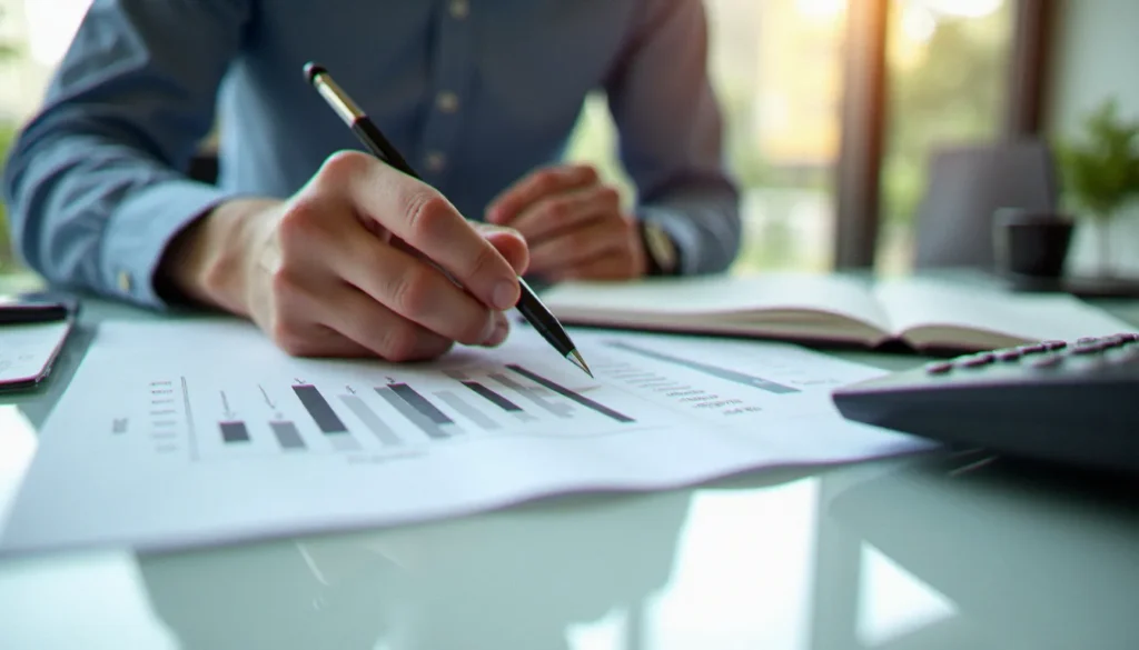 Analyste financière calculant un taux d'évolution à la main sur du papier avec une calculatrice, illustration du calcul taux d'évolution en contexte professionnel