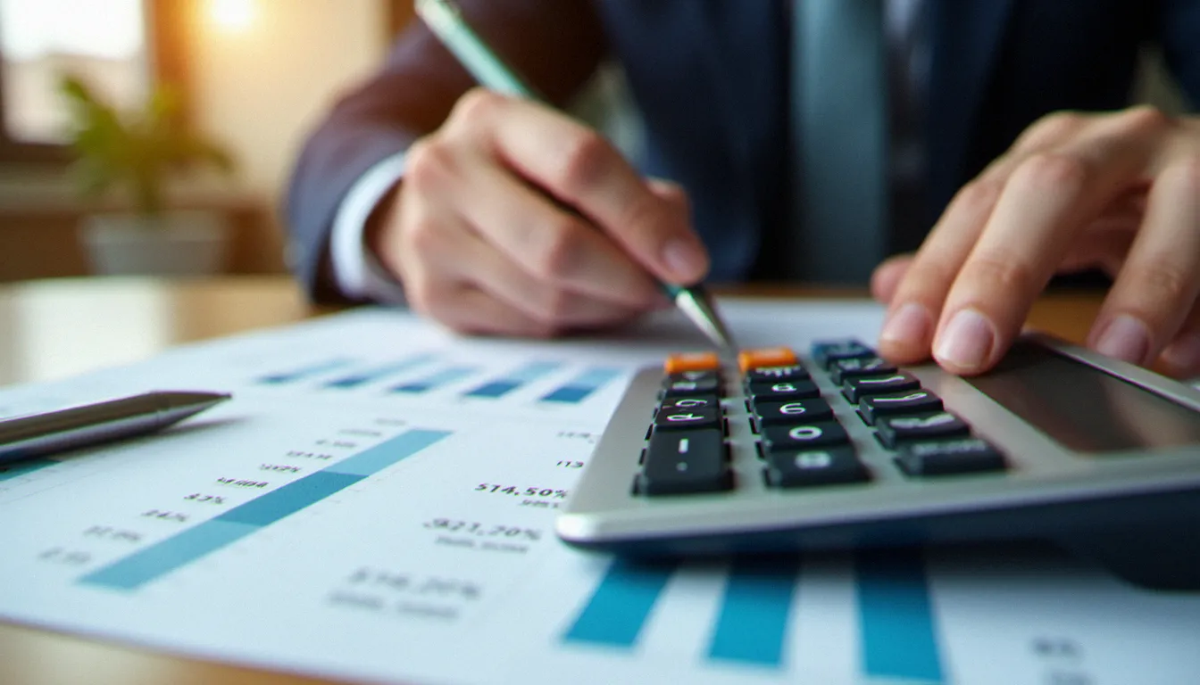 Calculatrice financière posée sur des documents comptables avec des colonnes de chiffres et de taux d'évolution