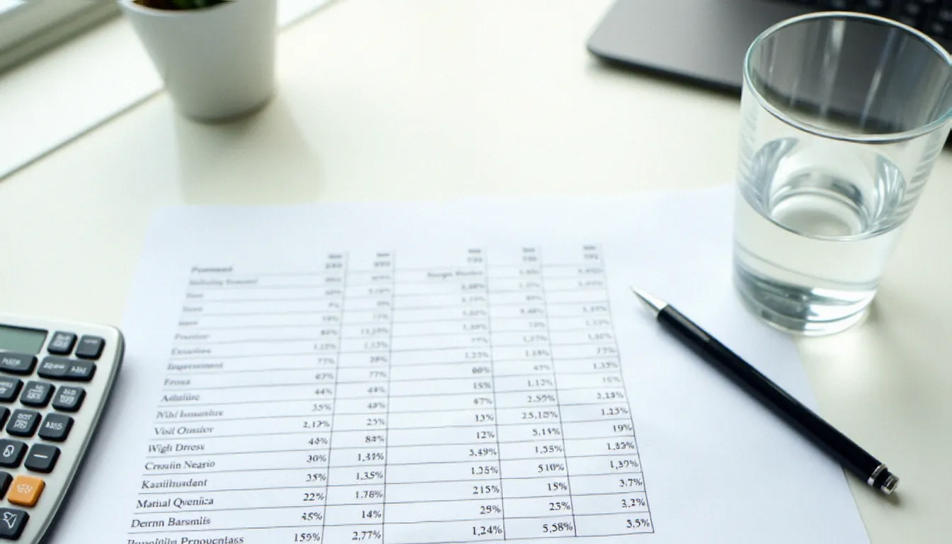 Calculatrice scientifique posée sur un rapport financier avec des pourcentages mis en évidence sur un bureau blanc