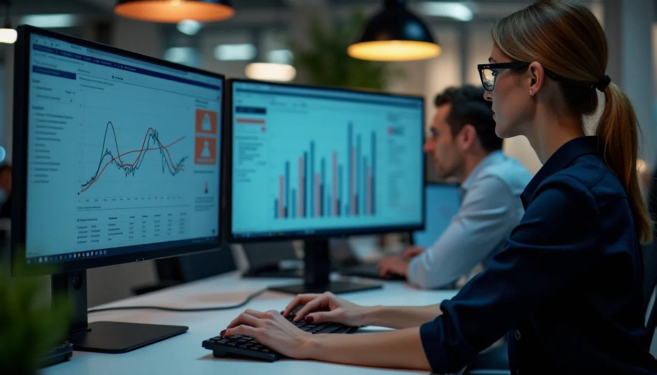 Analyste financière consultant des graphiques de taux d'évolution sur deux écrans dans un bureau moderne