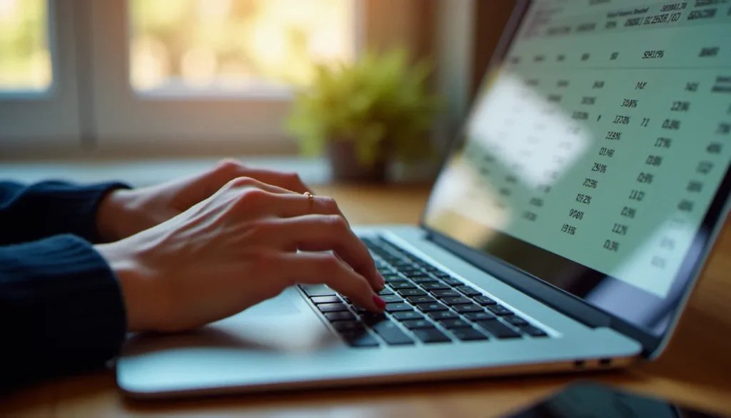 Analyste utilisant une calculatrice pourcentage sur ordinateur portable dans un bureau professionnel