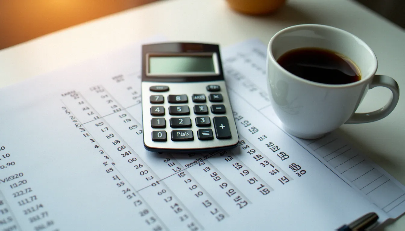 Calculatrice posée sur des documents financiers montrant le calcul d'un pourcentage, vue de dessus sur un bureau de bureau professionnel