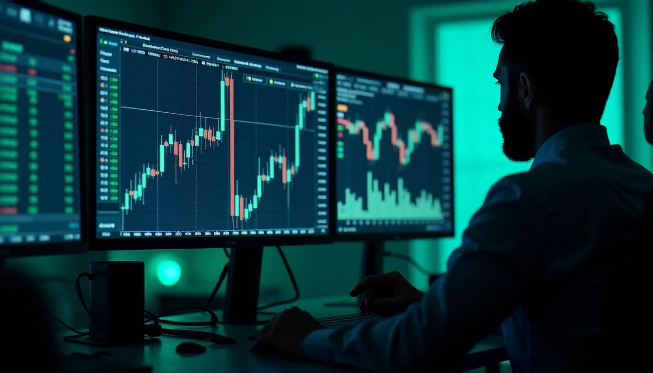 Écrans de trading affichant des variations en pourcentage et des graphiques boursiers, illustrant l'utilisation des pourcentages dans l'analyse financière
