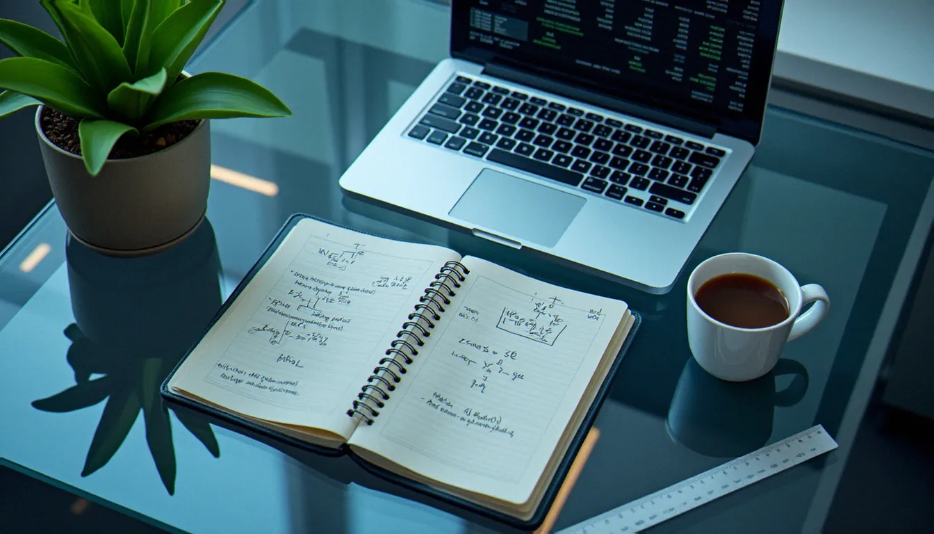 Vue aérienne d'un bureau avec ordinateur portable, cahier de formules financières et tasse de café, illustrant le calcul de sommes à partir d'un pourcentage connu