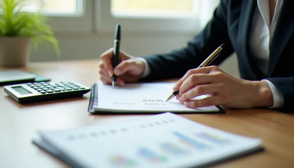 Analyste financière calculant le pourcentage d'une somme dans un cahier de comptes, calculatrice posée à côté