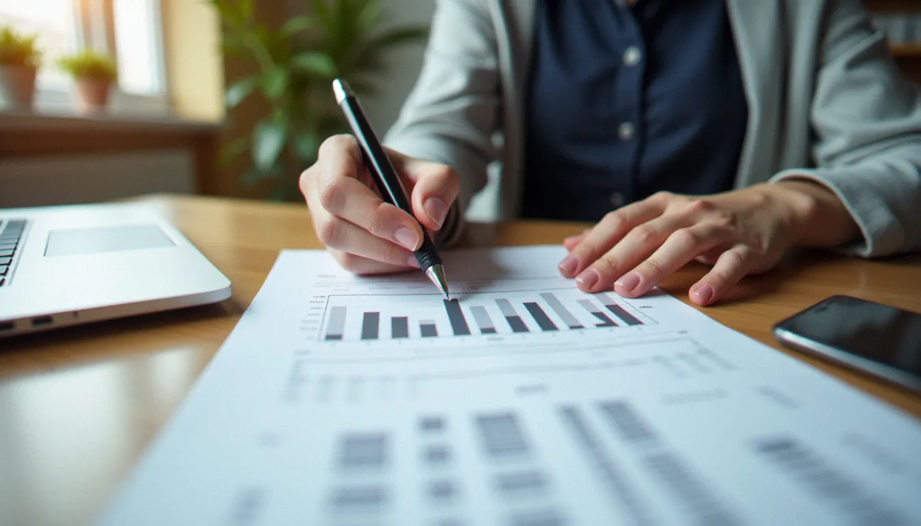 Analyste financière calculant des pourcentages sur papier, illustrant les méthodes pour calculer un pourcentage dans un contexte professionnel