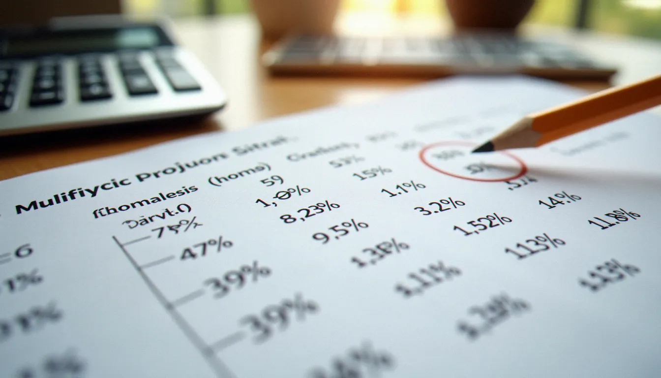 Calculatrice scientifique posée sur un tableau imprimé de coefficients multiplicateurs et de taux d'évolution financiers