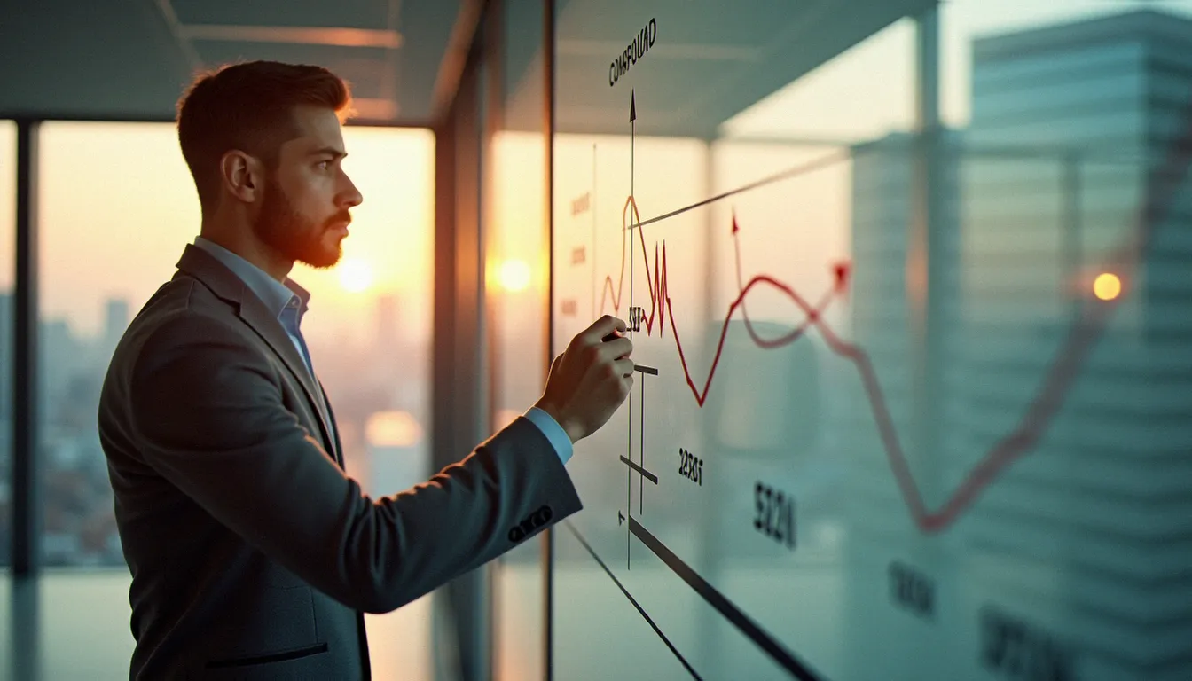 Analyste présentant le calcul d'évolutions successives avec coefficients multiplicateurs sur un tableau en verre dans un bureau moderne