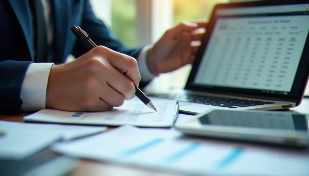 Analyste financière calculant un taux d'évolution avec un coefficient multiplicateur sur un bloc-notes, avec un tableur ouvert en arrière-plan