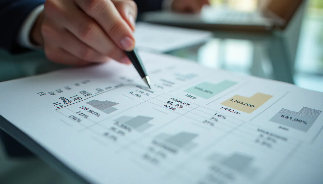 Tableau de données financières imprimé avec un stylo pointant une ligne de variation en pourcentage surlignée sur une table de réunion