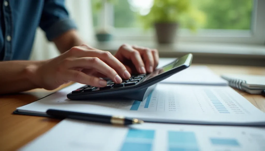 Mains en train de calculer un pourcentage sur une calculatrice posée sur un bureau avec des feuilles de calcul financier