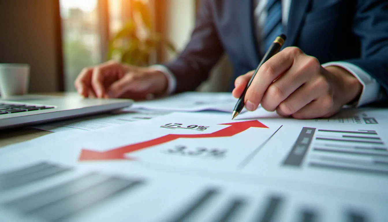 Documents financiers présentant des valeurs initiales négatives et une flèche de progression, illustrant le calcul d'un taux d'évolution positif malgré des chiffres négatifs