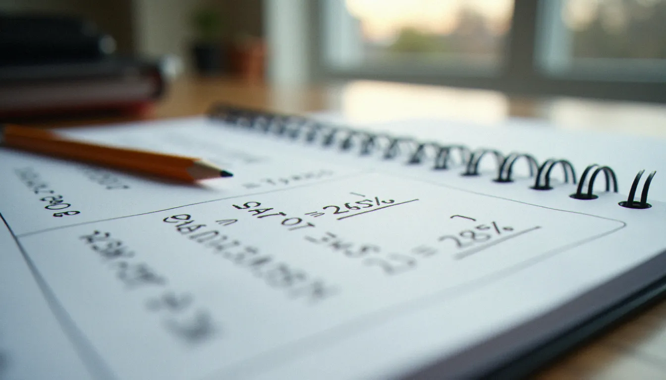 Cahier de calcul avec la formule du taux d'évolution écrite à la main, illustrant la méthode pour éviter les erreurs avec des valeurs négatives