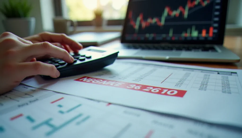 Analyste financière calculant un taux d'évolution avec des chiffres négatifs sur une calculatrice professionnelle, tableau de données financières en arrière-plan