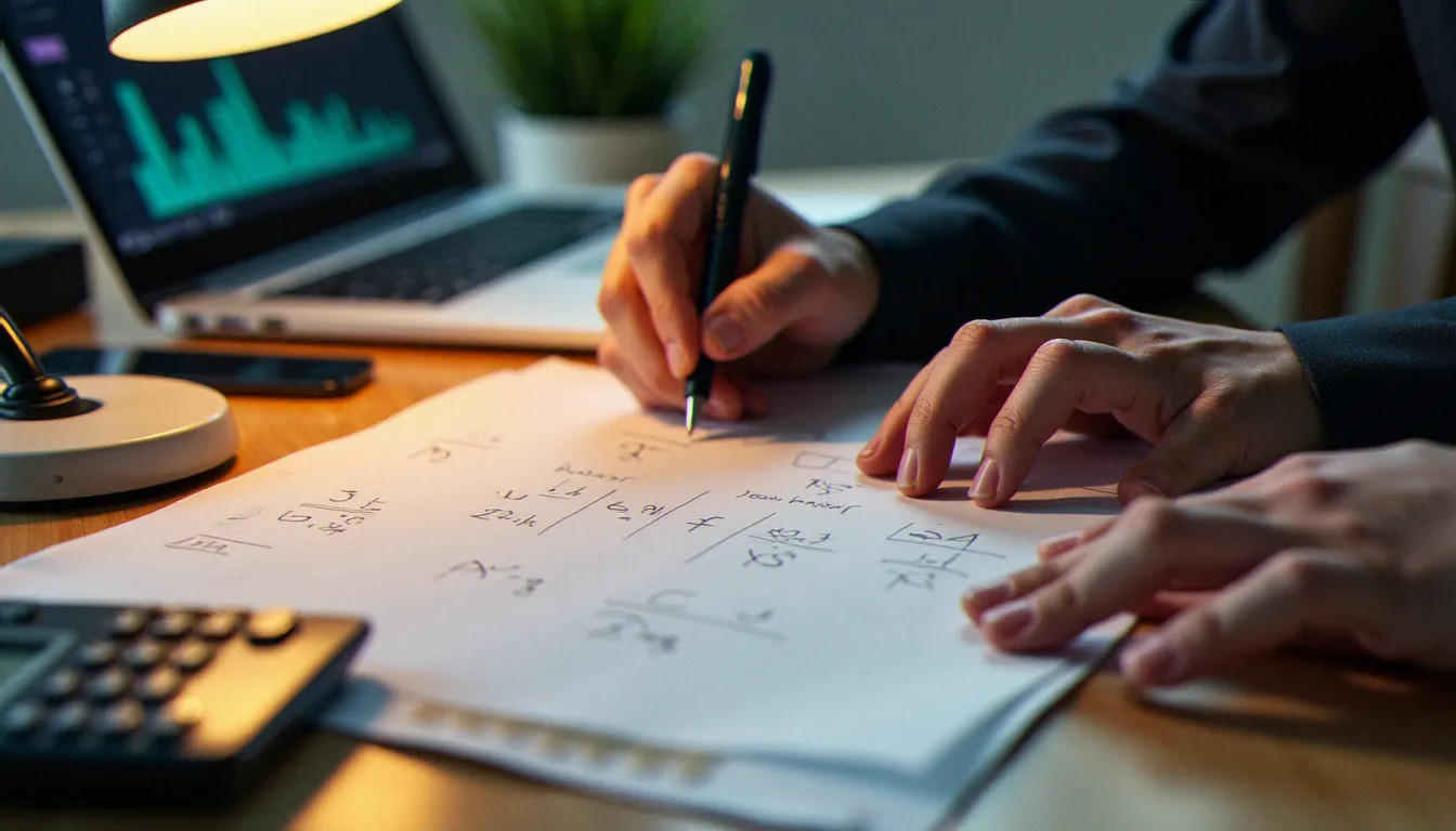 Calcul manuscrit d'un taux d'évolution en pourcentage avec calculatrice et tableur ouvert