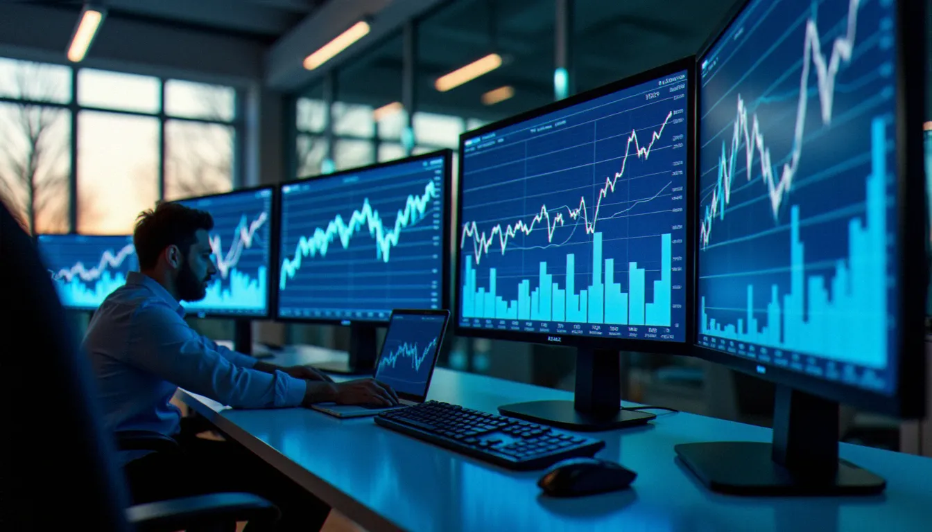 Écrans d'analyse financière affichant des courbes d'évolution et des taux de croissance sur plusieurs périodes