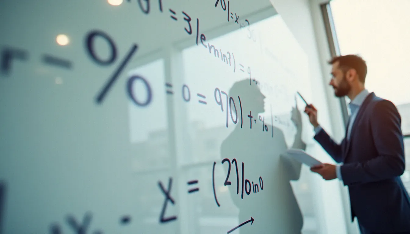 Analyste financier écrivant des formules de calcul de pourcentage sur un tableau blanc dans un bureau moderne
